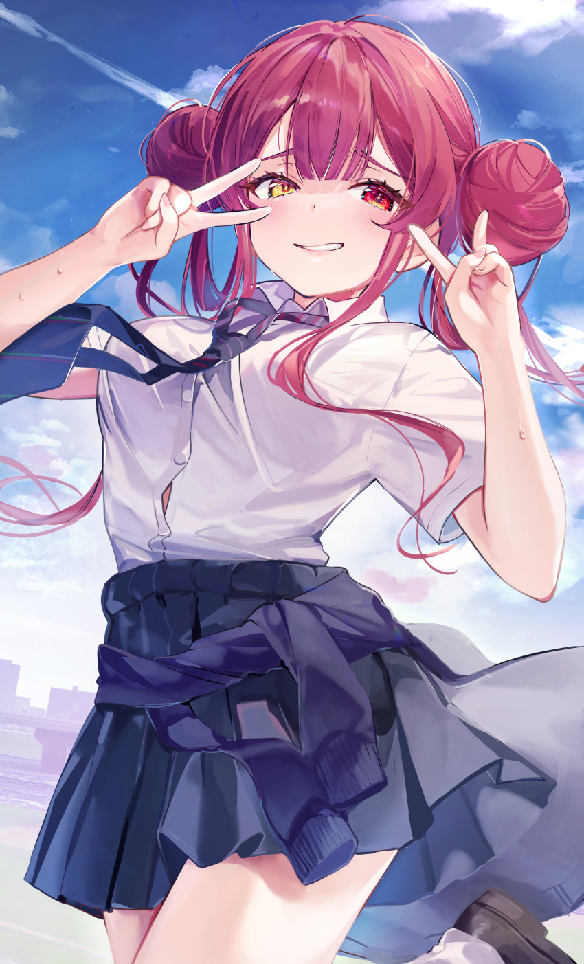 1girl absurdres ame929 black_footwear blue_bow blue_bowtie blue_skirt blue_sky bow bowtie breasts clothes_around_waist cloud commentary_request double_bun double_v foot_out_of_frame foot_up hair_bun hands_up heterochromia highres hololive houshou_marine houshou_marine_(school_uniform) jacket jacket_around_waist large_breasts long_hair looking_at_viewer official_alternate_costume parted_lips pleated_skirt red_eyes red_hair school_uniform shirt short_sleeves skirt sky socks v virtual_youtuber white_shirt white_socks yellow_eyes