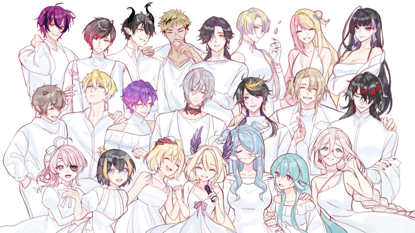 6+boys 6+girls absurdres ahoge aia_amare alban_knox arm_on_another's_shoulder bare_shoulders black_choker black_hair black_horns black_nails blonde_hair blue_eyes blue_hair braid breast_hold breasts cherry_blossoms choker claude_clawmark cleavage closed_eyes collarbone dark-skinned_male dark_skin doppio_dropscythe dress earrings elira_pendora english_commentary enna_alouette everyone eyepatch falling_petals finana_ryugu fins fulgur_ovid glasses grey_hair head_fins head_wings headpat heart heart_ahoge highres holding holding_hands holding_microphone horns jewelry kotoka_torahime large_breasts light_smile long_hair looking_at_viewer luca_kaneshiro maria_marionette medium_breasts medium_hair meloco_kyoran microphone millie_parfait multicolored_hair multiple_boys multiple_girls nijisanji nijisanji_en nrnmarie open_mouth petals petra_gurin pink_eyes pink_hair purple_eyes purple_hair red_hair ren_zotto scar scar_across_eye scar_on_face second-party_source short_hair shu_yamino small_breasts smile sonny_brisko streaked_hair uki_violeta vantacrow_bringer ver_vermillion very_long_hair vezalius_bandage virtual_youtuber vox_akuma white_background white_choker white_dress wings