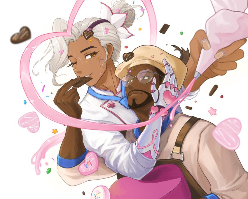 2boys alternate_costume alternate_hairstyle baptiste_(overwatch) beard black_hair brown_eyes chocolate closed_mouth dark-skinned_male dark_skin english_commentary facial_hair food giving_food glasses hand_on_another's_face hctawrevo heart highres korean_commentary lifeweaver_(overwatch) long_hair looking_at_another mechanical_arms mixed-language_commentary multiple_boys one_eye_closed overwatch overwatch_1 overwatch_2 short_hair simple_background single_mechanical_arm upper_body valentine white_background white_hair yaoi