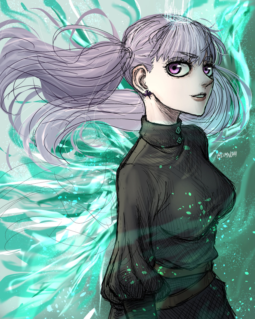 1girl absurdres black_clover black_pants black_sweater earrings highres jewelry limn044 long_hair looking_at_viewer noelle_silva pants parted_lips purple_eyes purple_hair solo sweater turtleneck turtleneck_sweater twintails