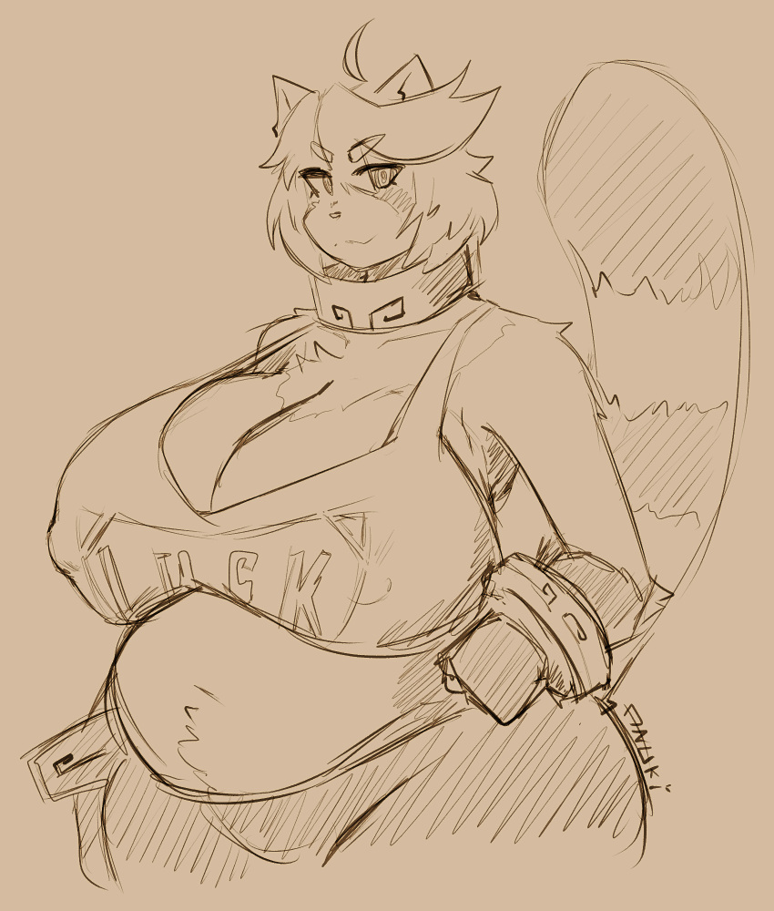 2024 ailurid anthro anuki big_breasts breasts cleavage clothed clothing female hair hi_res huge_breasts mammal nipple_outline overweight red_panda short_hair sketch solo thick_thighs wide_hips