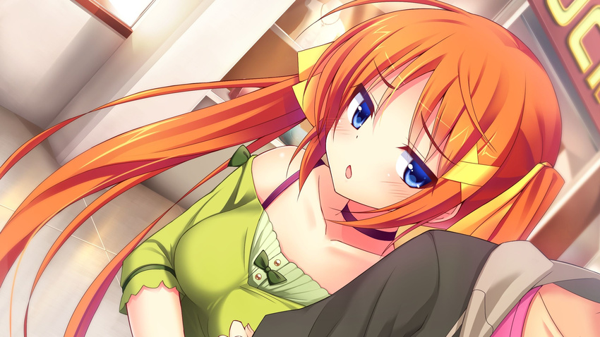 1boy 1girl blue_eyes chiri_(atlanta) chuablesoft collarbone game_cg highres hinohara_kei long_hair open_mouth orange_hair twintails wagaya_no_himegami-sama!