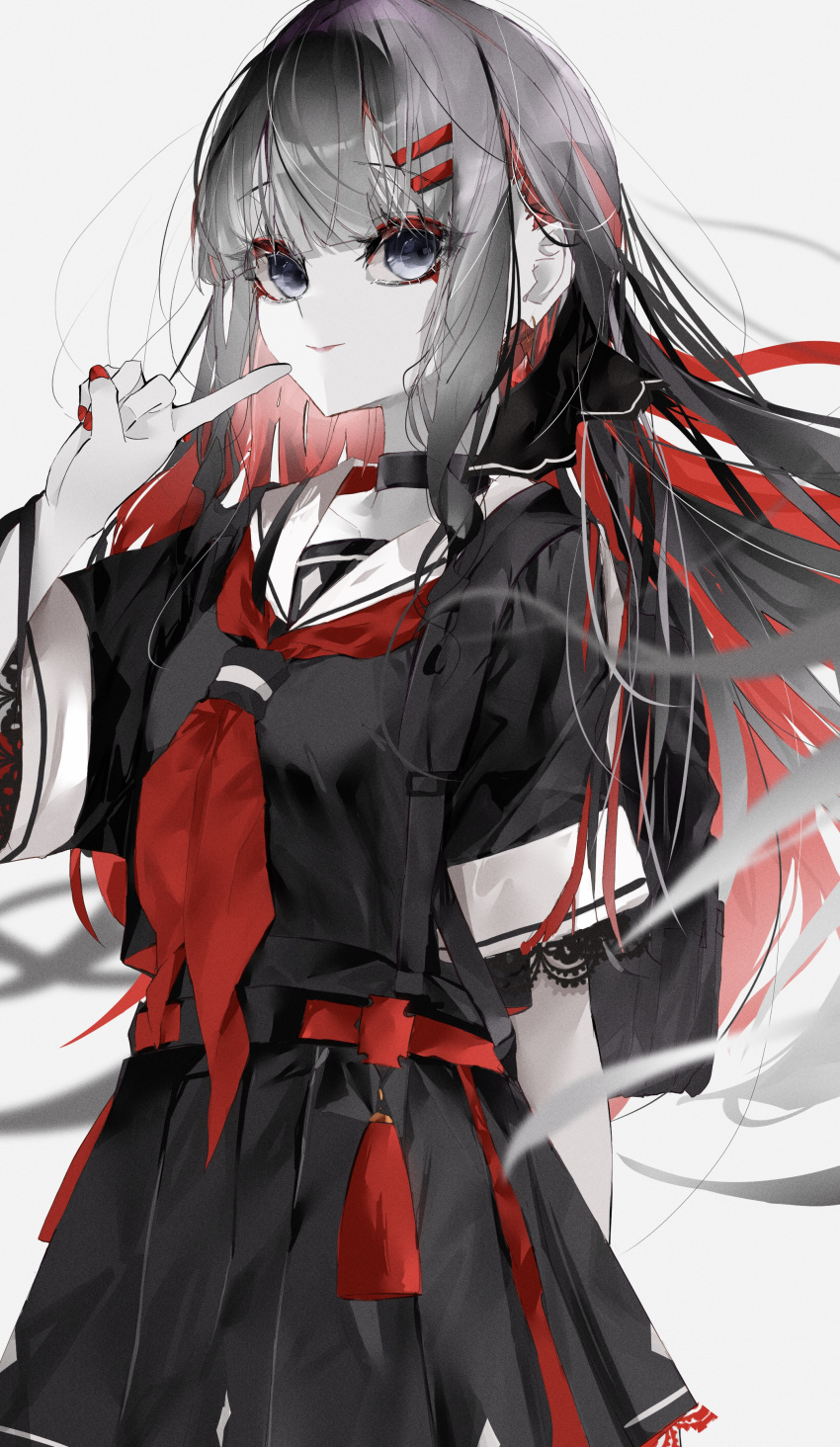 1girl absurdres arm_behind_back belt black_choker black_serafuku black_skirt blue_eyes blunt_bangs breasts choker closed_mouth cowboy_shot grey_background grey_hair hair_ornament hairclip hand_up highres kagerou_4253 long_hair looking_at_viewer medium_breasts multicolored_hair neckerchief original pale_skin pleated_skirt red_belt red_hair red_nails red_neckerchief sailor_collar school_uniform serafuku short_sleeves sidelocks simple_background skirt smile solo standing two-tone_hair v white_sailor_collar