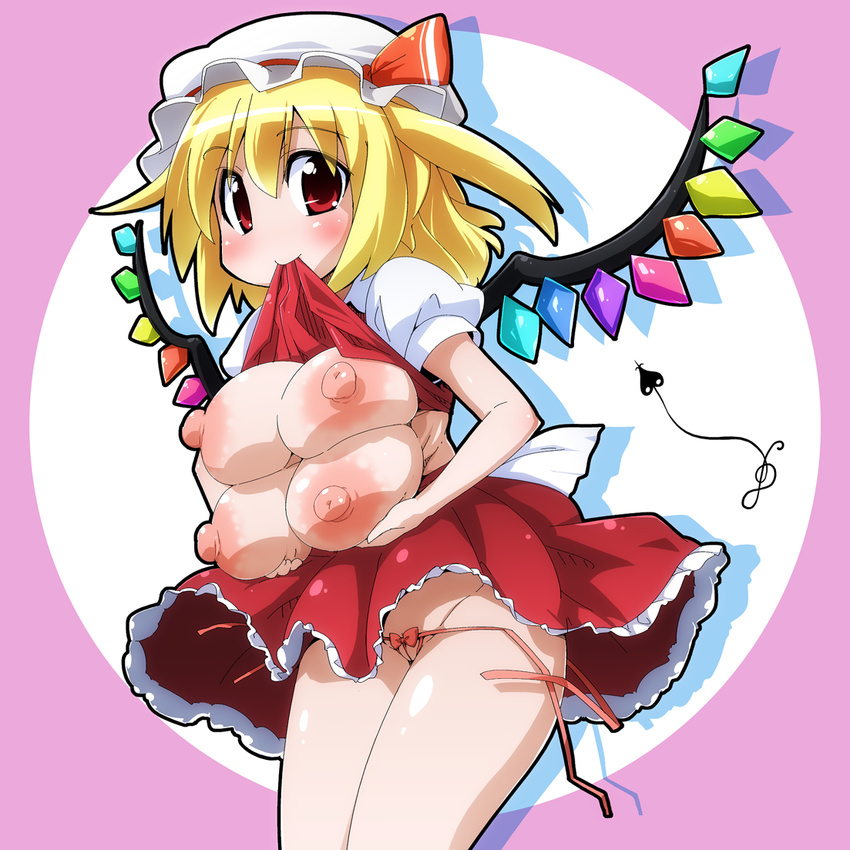 alternate_breast_size blonde_hair blush breast_hold breasts breasts_outside commentary dress extra_breasts flandre_scarlet four_of_a_kind_(touhou) hat huge_nipples large_breasts looking_at_viewer mob_cap nipples open_clothes open_shirt panties pantyshot partially_visible_vulva puffy_nipples puffy_sleeves pun red_eyes semahiro shirt shirt_in_mouth shirt_lift short_hair short_sleeves side-tie_panties skirt smile solo string_panties touhou underwear untied wedgie wings