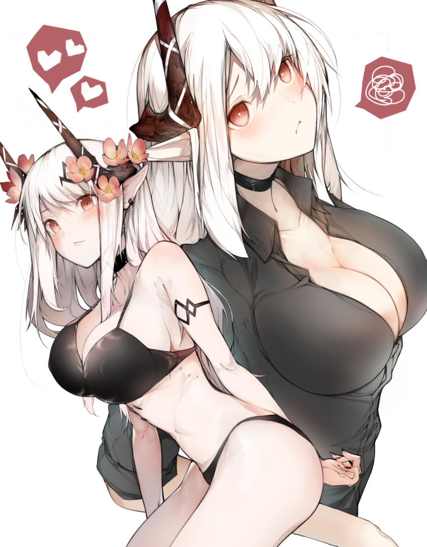 1girl arknights bikini black_bikini black_choker black_horns black_shirt breasts choker collared_shirt commentary_request ekuesu flower grey_background hair_flower hair_ornament heart highres horns large_breasts leaning_forward long_hair looking_up mudrock_(arknights) multiple_views oripathy_lesion_(arknights) pointy_ears red_eyes shirt simple_background solo spoken_heart spoken_squiggle squiggle swimsuit white_hair