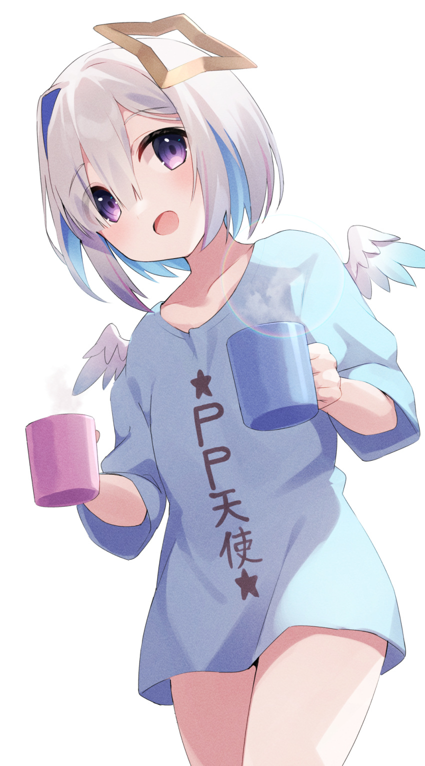 1girl alternate_costume amane_kanata angel angel_wings blue_hair blue_shirt coffee_cup cup disposable_cup fragir grey_hair hair_intakes halo highres holding holding_cup hololive looking_at_viewer naked_shirt open_mouth pp_tenshi_t-shirt purple_eyes shirt short_hair smile star_halo virtual_youtuber white_background wings