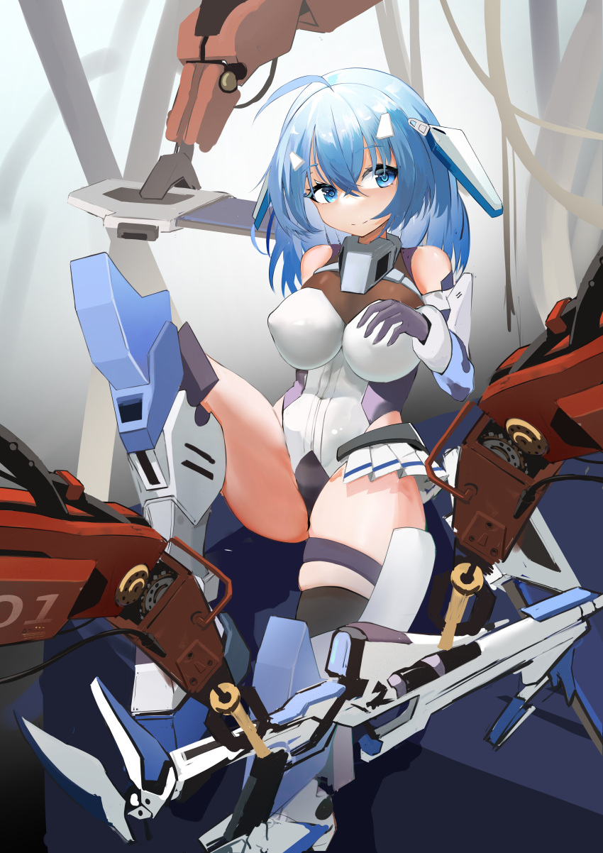 1girl absurdres ahoge armored_boots artery_gear artery_gear:_fusion black_bodysuit blue_eyes blue_hair bodysuit boots breasts closed_mouth commentary_request covered_nipples crossed_bangs hair_between_eyes headgear highres jiang_long_bao large_breasts long_hair machinery nio_silen sidelocks solo two-tone_bodysuit white_bodysuit