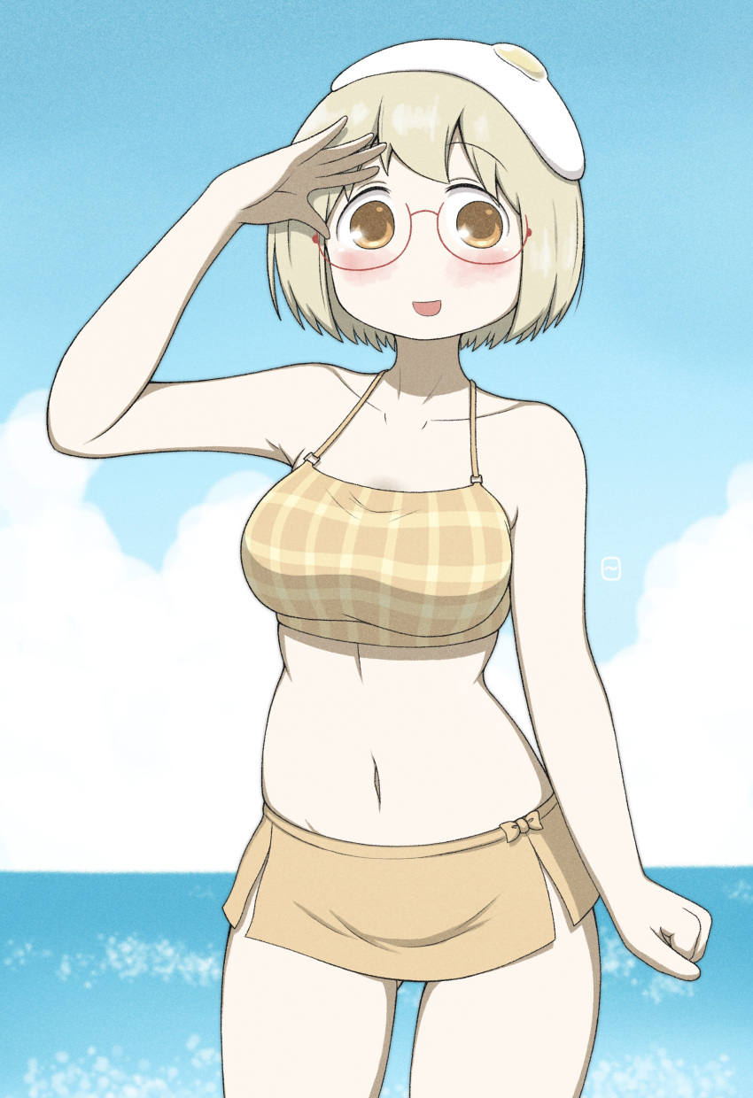 1girl absurdres alternate_costume bikini blonde_hair blue_sky breasts clenched_hand cloud cloudy_sky collarbone dokadayo egg_yolk food food_on_head fried_egg glasses hand_to_head highres large_breasts light_blush looking_at_viewer navel object_on_head open_mouth orange_bikini orange_eyes plaid plaid_bikini red-framed_eyewear semi-rimless_eyewear shimeji_simulation short_hair signature sky smile solo swimsuit water yamashita_majime