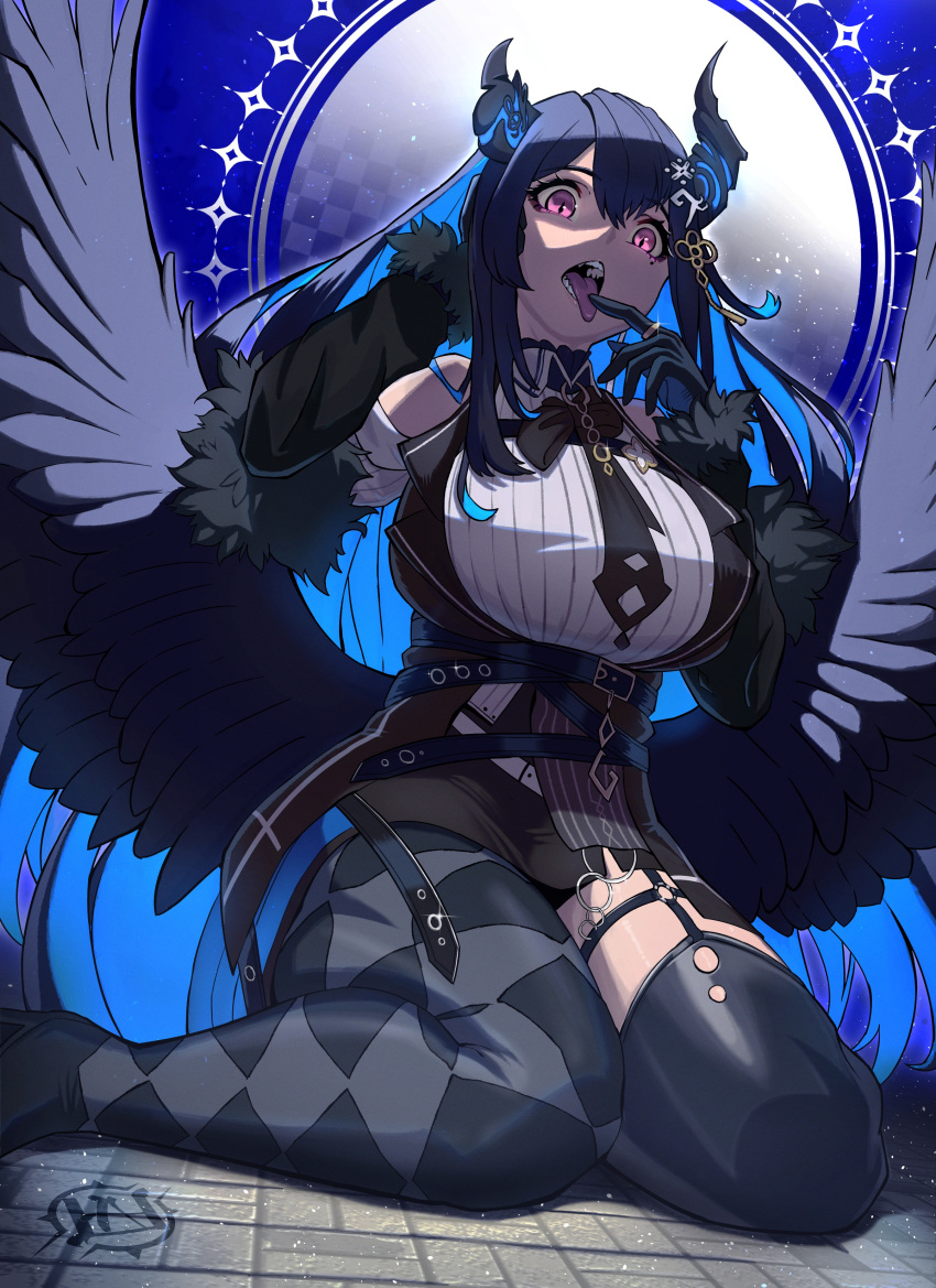 1girl absurdres asymmetrical_horns bare_shoulders black_hair black_wings blue_hair breasts colored_inner_hair demon_horns fur_trim gloves hair_ornament highres hiroarchus hololive hololive_english horns long_hair looking_at_viewer mole mole_under_eye multicolored_hair nerissa_ravencroft nerissa_ravencroft_(1st_costume) pink_eyes solo thick_thighs thighhighs thighs tongue tongue_out two-tone_hair uneven_horns virtual_youtuber wings