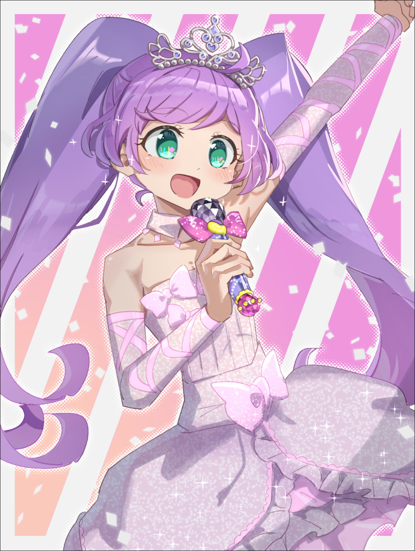 1girl :d ahoge anisakisu arm_up bare_shoulders bow cowboy_shot detached_collar detached_sleeves dress frilled_dress frills green_eyes hand_up highres holding holding_microphone idol long_hair manaka_laala microphone open_mouth outstretched_arm pink_background pink_dress pretty_series pripara purple_hair smile solo standing strapless strapless_dress tiara twintails very_long_hair waist_bow