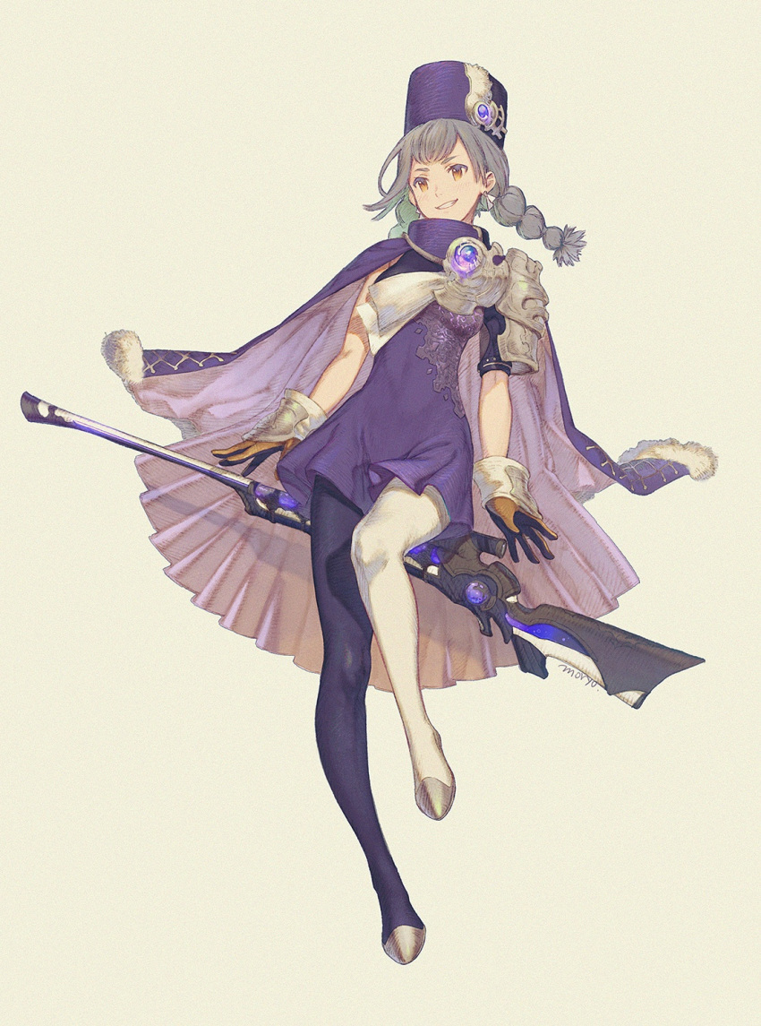 1girl artist_name asymmetrical_legwear black_gloves black_pantyhose blush braid brown_background brown_eyes brown_gloves cape dress full_body fur-trimmed_cape fur_trim gloves grey_hair grin gun hat highres long_hair looking_ahead mismatched_legwear moryo musket original pantyhose purple_cape purple_dress purple_headwear short_sleeves signature simple_background single_sleeve smile solo standing standing_on_one_leg twin_braids weapon white_pantyhose