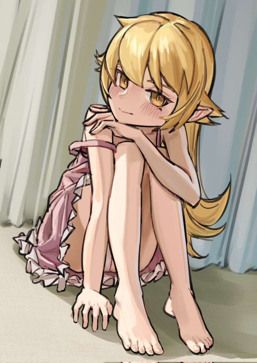 1girl an_yb bare_shoulders barefoot blonde_hair blush bright_pupils closed_mouth commentary curtains dress feet hand_on_ground hand_on_own_shoulder head_tilt highres knees_up long_hair looking_at_viewer monogatari_(series) on_floor oshino_shinobu panties pantyshot pink_dress sitting smile solo sundress underwear white_panties yellow_eyes