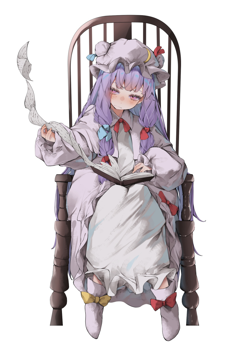 1girl blush book boots chair closed_mouth dress hat highres long_hair long_sleeves mob_cap open_book patchouli_knowledge purple_dress purple_eyes purple_footwear purple_hair purple_headwear simple_background solo touhou tsune_(tune) white_background