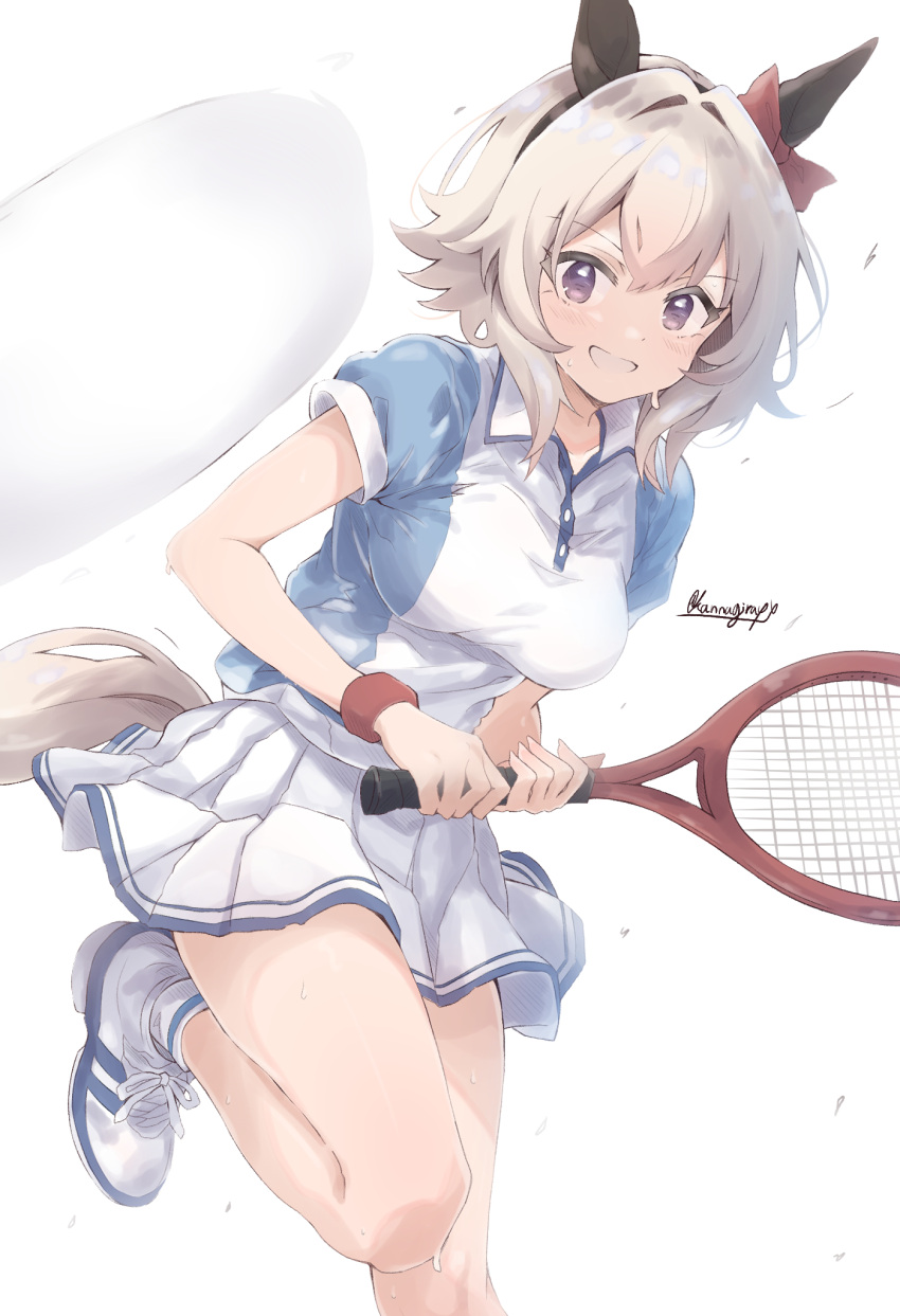 1girl alternate_costume animal_ears blush bow breasts curren_chan_(umamusume) ear_bow grey_hair hair_intakes hairband highres holding_tennis_racket horse_ears horse_girl horse_tail impossible_clothes kannagiray looking_at_viewer miniskirt open_mouth purple_eyes racket shirt shoes short_hair short_sleeves skirt small_breasts smile sneakers socks solo standing standing_on_one_leg sweat sweatband tail tennis_racket twitter_username umamusume white_background white_footwear white_skirt white_socks