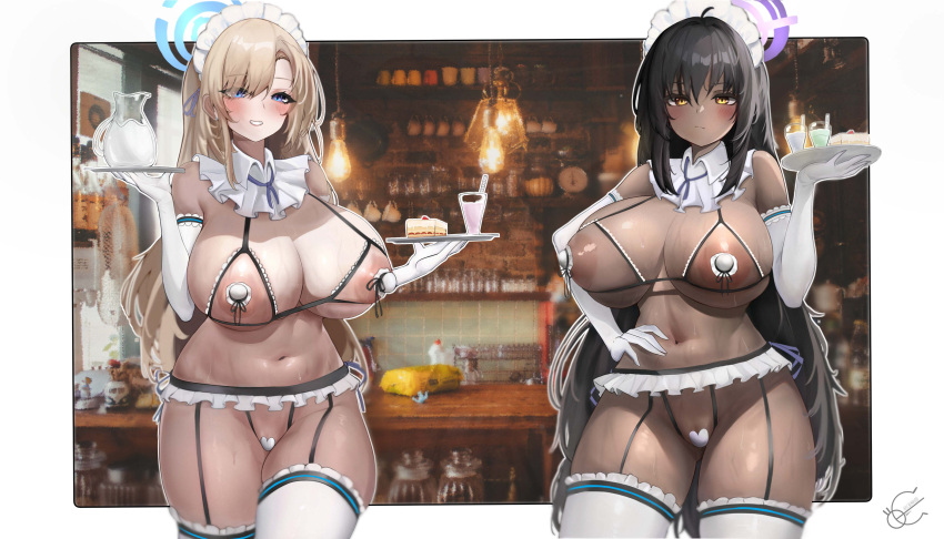 2girls alternate_costume areola_slip asuna_(blue_archive) black_garter_straps black_hair blonde_hair blue_archive blue_eyes bra breasts cake cake_slice covered_nipples cowboy_shot cupless_bra dark-skinned_female dark_skin detached_collar elbow_gloves english_commentary food garter_straps gloves halo hand_on_own_hip highres holding holding_plate huge_breasts karin_(blue_archive) long_hair looking_at_viewer maid_headdress multiple_girls plate revealing_clothes sweat thighhighs underwear very_long_hair vodeferr white_gloves white_thighhighs yellow_eyes