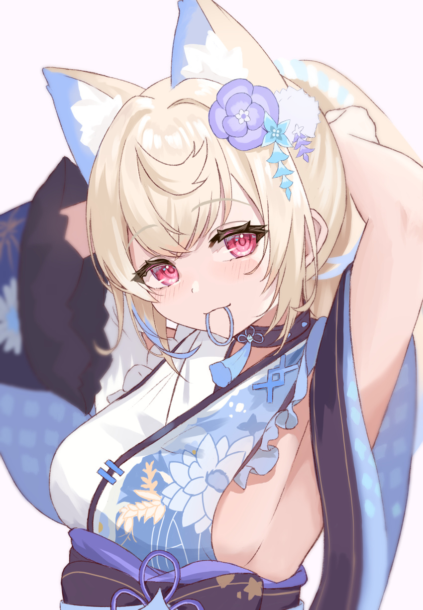 1girl absurdres adjusting_hair animal_ear_fluff animal_ears belt black_collar black_sash blonde_hair blue_belt blue_hair blue_hairband blue_kimono blush collar dog_ears dog_girl floral_print_kimono flower fuwawa_abyssgard fuwawa_abyssgard_(new_year) hair_flower hair_ornament hairband highres hololive hololive_english japanese_clothes kimono looking_at_viewer mouth_hold multicolored_hair obi official_alternate_costume pink_eyes ponytail sash sigma_1221 sleeveless sleeveless_kimono solo spiked_collar spikes streaked_hair virtual_youtuber white_background