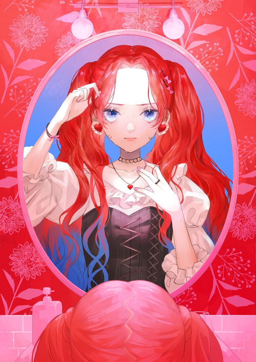 1girl blue_eyes blue_hair bow breasts bustier choker closed_mouth commentary crying crying_with_eyes_open earrings floral_background frilled_shirt frills frown gradient_hair hair_bow hair_ornament hairclip hand_on_own_chest heart heart_earrings heart_necklace highres holding holding_hair holding_own_hair jewelry kao_o0 light_bulb lips long_hair looking_at_mirror looking_at_viewer mirror multicolored_hair nail_polish necklace original parted_bangs pink_nails red_background red_hair reflection_focus ring shampoo_bottle shirt sleeves_past_elbows small_breasts solo straight-on symbol-only_commentary tears twintails upper_body wavy_hair white_shirt
