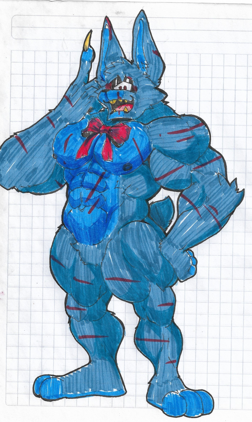 abs absurd_res accessory anthro barazoku blue_body blue_fur bow_ribbon claws ears_up fangs feet five_nights_at_freddy's five_nights_at_freddy's_4 fur hi_res lagomorph leporid male mammal muscular muscular_anthro muscular_male nightmare_bonnie_(fnaf) nipples pecs pinumontbalou rabbit scar scottgames solo tail teeth