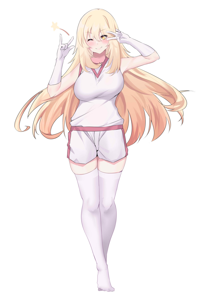 1girl absurdres blonde_hair cross-shaped_pupils elbow_gloves gloves gym_shirt gym_shorts gym_uniform highres miyoshikakuno shirt shokuhou_misaki shorts solo sparkling_eyes symbol-shaped_pupils thighhighs toaru_kagaku_no_railgun toaru_majutsu_no_index tokiwadai_school_gym_uniform v white_gloves white_thighhighs