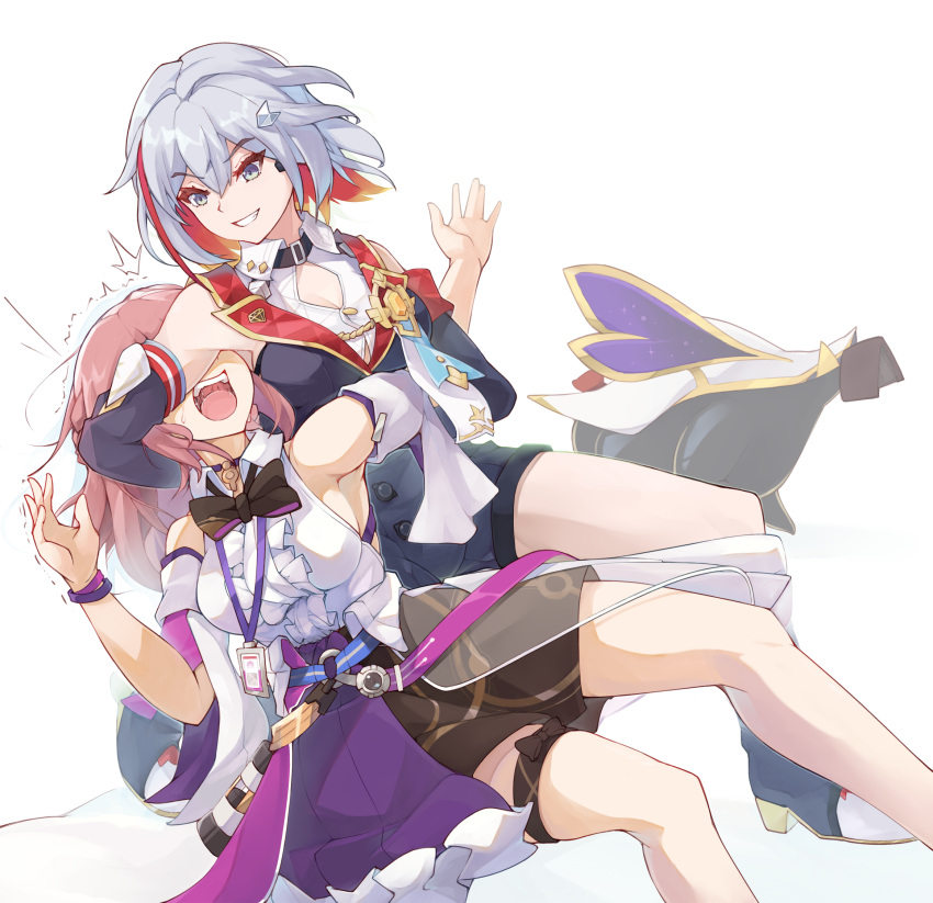2girls asta_(honkai:_star_rail) bare_shoulders black_gloves black_shirt breasts cleavage cleavage_cutout clothing_cutout colored_inner_hair commentary detached_sleeves elbow_gloves feet_out_of_frame gloves grey_eyes grey_hair grin hair_ornament highres honkai:_star_rail honkai_(series) kaigaen medium_breasts multicolored_hair multiple_girls numby_(honkai:_star_rail) open_mouth pink_hair red_hair revision shirt short_sleeves sideboob simple_background sleeveless sleeveless_shirt smile thighs topaz_(honkai:_star_rail) trotter_(honkai:_star_rail) wallet white_background white_shirt