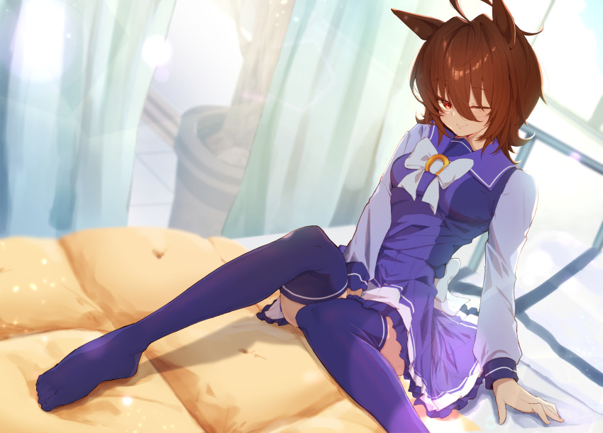 1girl absurdres agnes_tachyon_(umamusume) ahoge animal_ears blush bow brown_hair chemical_structure commentary_request curtains earrings foot_out_of_frame gorioshi0802 highres horse_ears horse_girl horse_tail indoors infirmary jewelry long_sleeves messy_hair no_shoes on_bed one_eye_closed pleated_skirt purple_serafuku purple_shirt purple_skirt purple_thighhighs red_eyes sailor_collar school school_uniform serafuku shirt short_hair single_earring skirt smile solo tail thighhighs tracen_school_uniform umamusume white_bow winter_uniform