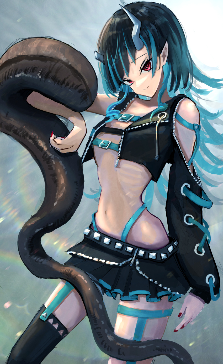 1girl absurdres belt belt_bra black_hair black_jacket black_skirt black_thighhighs blue_belt blue_hair blue_panties blunt_bangs chest_belt closed_mouth clothing_cutout commentary cropped_jacket demon_girl demon_horns diagonal_bangs feet_out_of_frame fingernails flat_chest garter_straps head_tilt highleg highleg_panties highres horns jacket layered_skirt long_hair long_sleeves looking_at_viewer midriff multicolored_hair nanashi_inc. navel open_clothes open_jacket panties pointy_ears red_eyes red_nails ribs shishio_chris shishio_chris_(1st_costume) shoulder_cutout single_thighhigh skirt smile snake solo symbol-only_commentary thighhighs two-tone_hair underwear virtual_youtuber wasabifu zipper zipper_skirt