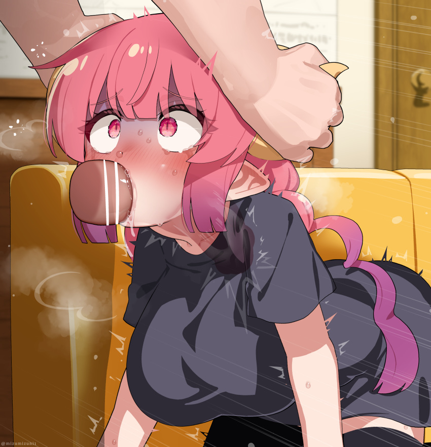 1boy 1girl ^^^ absurdres all_fours bar_censor black_shirt black_thighhighs blush breasts censored constricted_pupils couch deepthroat dragon_girl dragon_horns ear_blush erection fellatio gloom_(expression) gradient_hair heavy_breathing hetero highres horn_grab horns ilulu_(maidragon) indoors irrumatio kobayashi-san_chi_no_maidragon mixed-language_commentary mizumizuni motion_lines multicolored_hair nose_blush on_couch oral paid_reward_available penis pink_eyes pink_hair pointy_ears purple_hair saliva saliva_on_penis shirt short_sleeves slit_pupils solo_focus sweat tearing_up thighhighs twintails variant_set x-ray yellow_horns