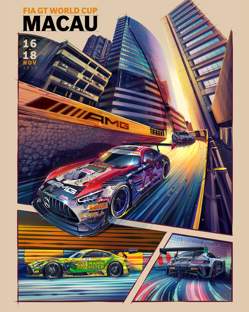 absurdres andrew_mytro building car climax_racing craft-bamboo_racing highres landgraf_motorsports macau mercedes-benz mercedes-benz_amg_gt motion_blur motion_lines motor_vehicle no_humans official_art pirelli race_vehicle racecar racing real_life real_world_location skyscraper spoiler_(automobile) toro_racing vehicle_focus