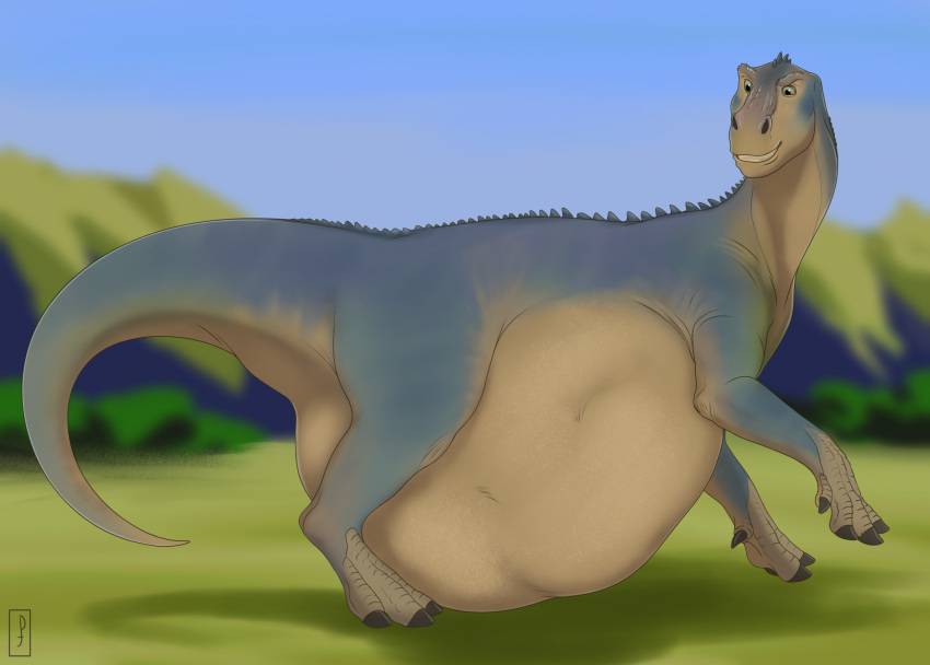 aladar belly big_belly dinosaur feral hi_res iguanodon iguanodontid male mountain ornithischian outside priestofjashin reptile scalie smile soft_vore solo tagme vore