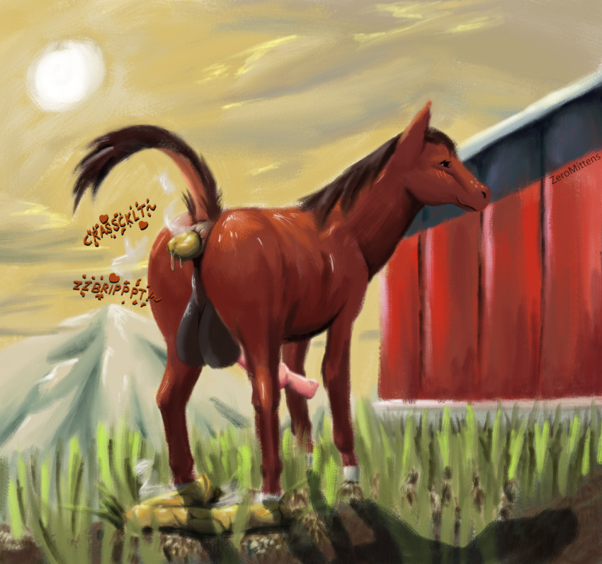 anatomically_correct anatomically_correct_genitalia anatomically_correct_penis balls blush brown_hair butt digital_media_(artwork) digital_painting_(artwork) equid equine erection fart feces feral genitals hair hi_res horse looking_at_viewer looking_back male mammal nude onomatopoeia penis pooping raised_tail scat smile solo sound_effects steam tail text zeromittens