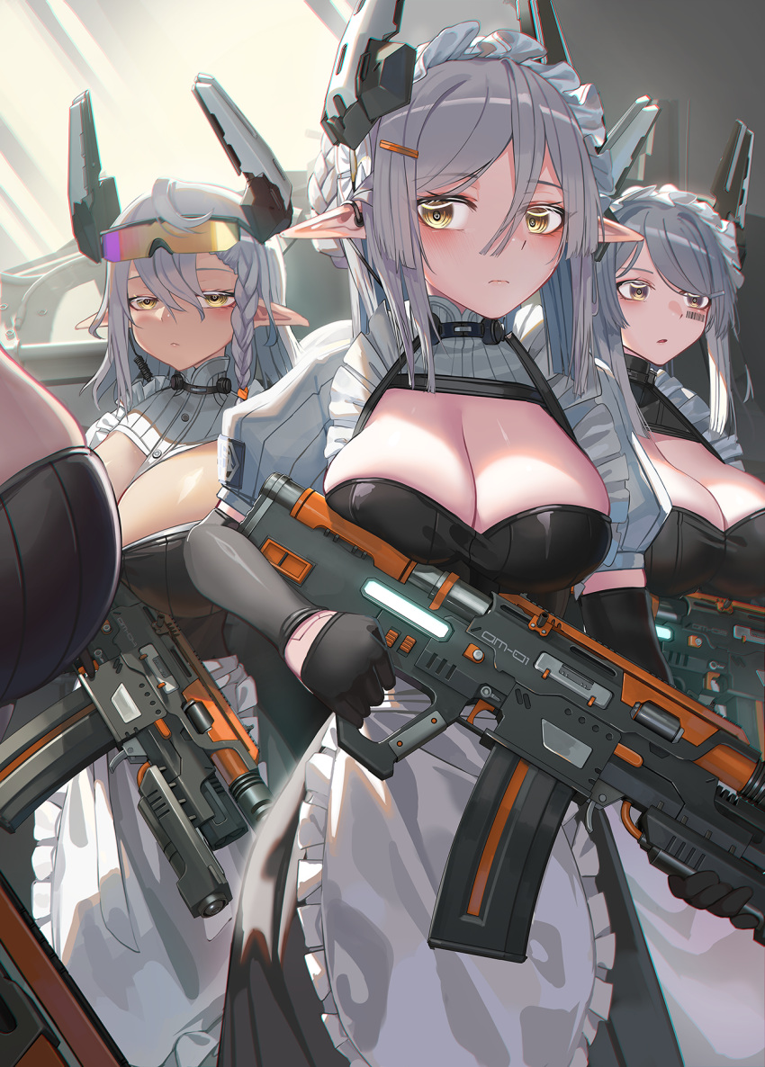 4girls apron barcode barcode_tattoo black_dress black_gloves blush braid breasts brown_eyes cleavage closed_mouth commentary_request dress frilled_apron frills gloves goggles goggles_on_head grey_hair gun hair_between_eyes hair_ornament hairclip half_gloves headgear highres holding holding_gun holding_weapon maid mecha_musume multiple_girls natori_youkai original parted_lips pointy_ears puffy_short_sleeves puffy_sleeves short_sleeves tattoo weapon weapon_request white_apron