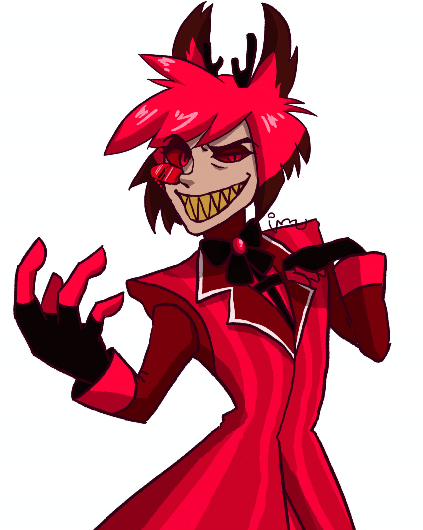 1boy absurdres alastor_(hazbin_hotel) animal_ears bow bowtie coat colored_sclera deer_boy deer_ears demon demon_boy grin hazbin_hotel highres looking_at_viewer male_focus multicolored_hair red_eyes red_hair red_sclera red_suit sharp_teeth short_hair simple_background smile striped_clothes striped_coat striped_vest suit teeth vertical-striped_clothes vertical-striped_vest vest yellow_teeth ykah2437