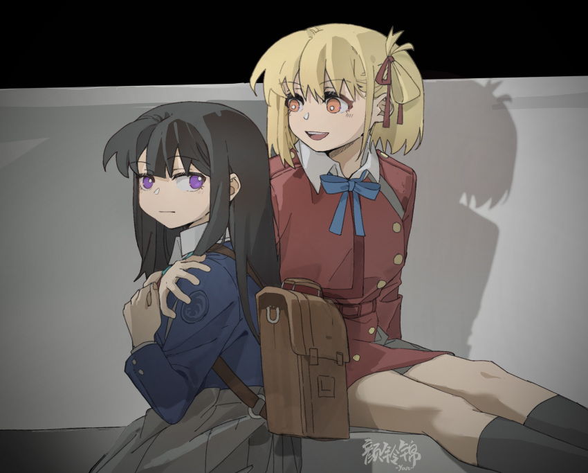 2girls backpack bag black_hair black_socks blonde_hair blue_dress blue_ribbon bright_pupils chinese_commentary closed_mouth commentary_request dress expressionless hair_ribbon hand_on_another's_shoulder highres inoue_takina long_hair long_sleeves looking_at_another looking_at_viewer lycoris_recoil lycoris_uniform medium_hair multiple_girls neck_ribbon nishikigi_chisato one_side_up orange_eyes parted_lips photo-referenced purple_eyes red_ribbon ribbon shadow smile socks white_pupils yanlingjinshilihuahua