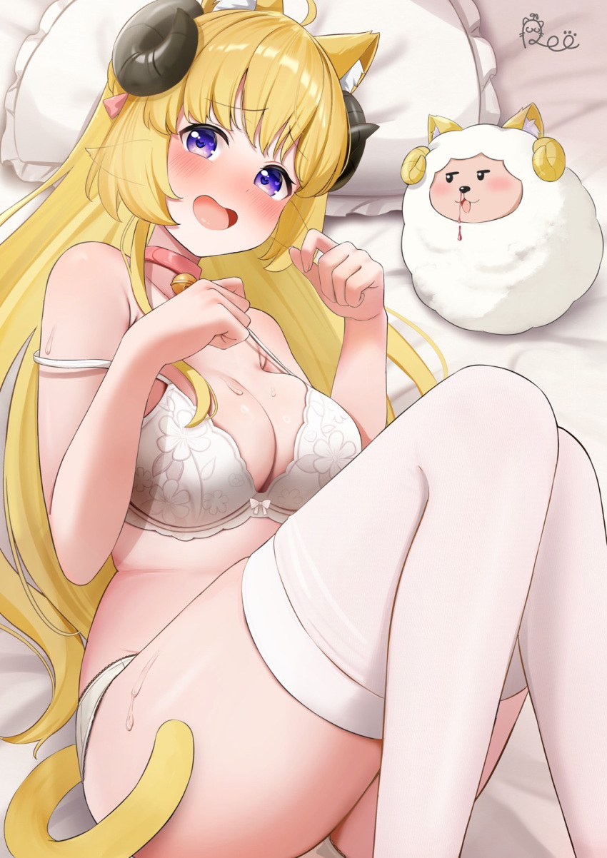 1girl ahoge animal_collar animal_ear_fluff animal_ears aroused_nosebleed bed bell black_horns blonde_hair blue_eyes blush bra breasts cat_ears cat_tail collar commentary_request curled_horns embarrassed feet_out_of_frame furrowed_brow highres hololive horns jingle_bell kemonomimi_mode large_breasts leo_(f_mmmnkm_paint) long_hair looking_at_viewer lying on_side open_mouth panties paw_pose pillow pink_collar sheep_ears sheep_girl sheep_horns signature smile solo strap_slip sweat tail thighhighs thighs tongue tsunomaki_watame underwear underwear_only very_long_hair virtual_youtuber watamate white_bra white_panties white_thighhighs