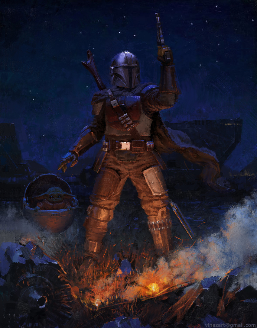 2boys alien armor brown_cape cape debris din_djarin embers grogu gun handgun highres holding holding_gun holding_weapon mandalorian mandalorian_armor mandalorian_helmet multiple_boys nazart night outdoors smoke star_wars the_mandalorian weapon