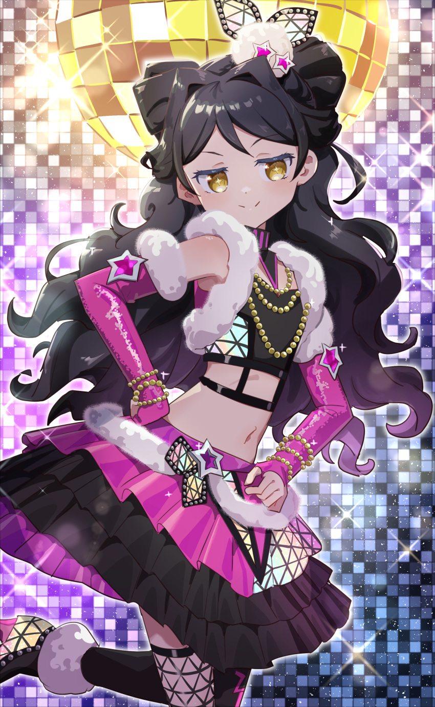 +_+ 1girl absurdres anisakisu bare_shoulders black_hair black_shirt bracelet closed_mouth commentary_request cropped_shirt disco_ball double_bun elbow_gloves fur_trim gloves hair_bun hair_intakes highres jewelry kiratto_pri_chan layered_skirt long_hair looking_at_viewer luluna_(pri_chan) midriff necklace pink_gloves pink_skirt pleated_skirt pretty_series shirt skirt smile solo standing standing_on_one_leg very_long_hair yellow_eyes