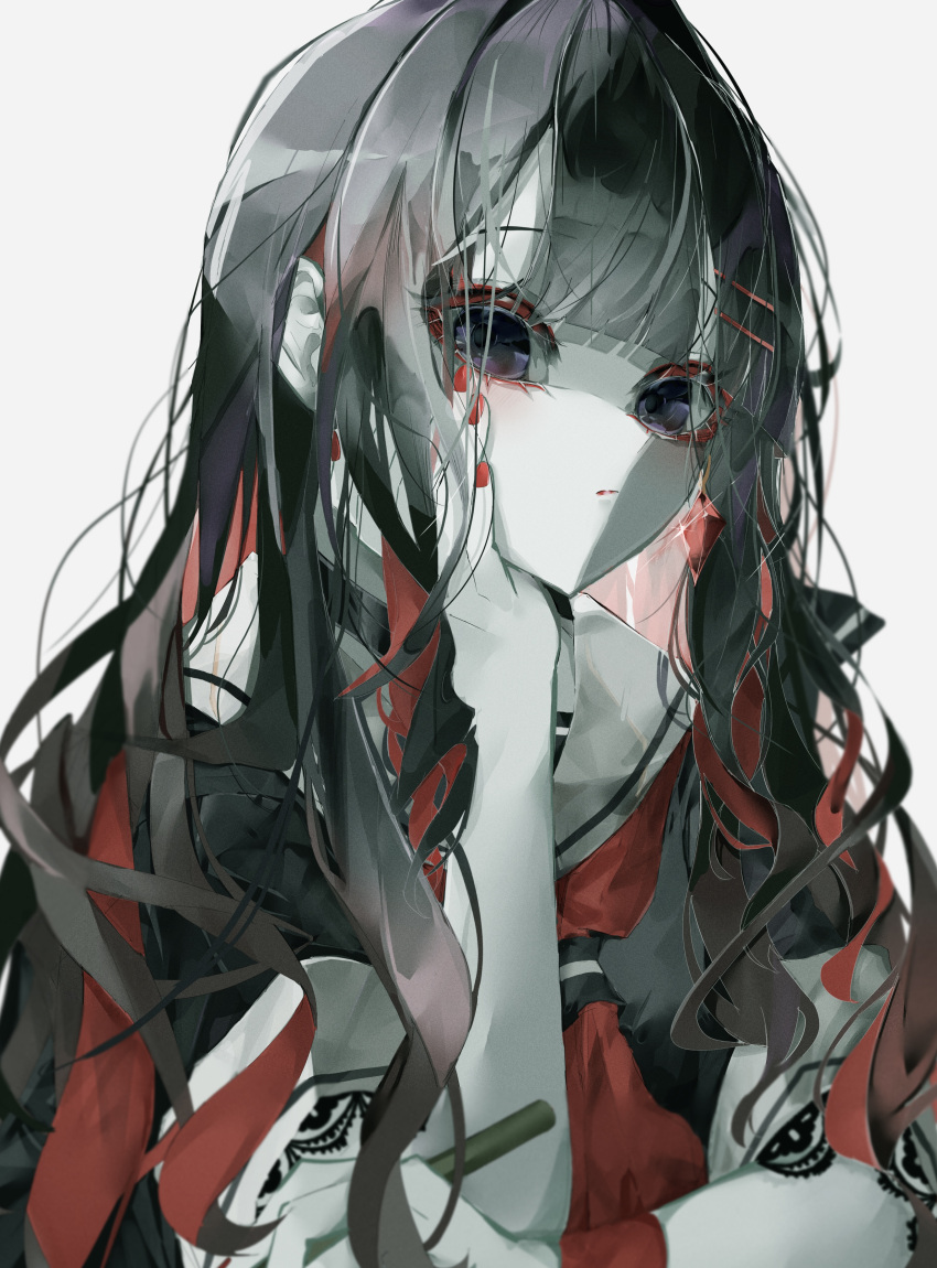 1girl absurdres black_choker black_hair black_serafuku blunt_bangs blurry choker closed_mouth colored_inner_hair commentary depth_of_field expressionless grey_background hair_ornament hairclip hand_on_own_cheek hand_on_own_face hand_rest highres holding holding_brush kagerou_4253 long_hair looking_at_viewer multicolored_hair neckerchief original pale_skin purple_eyes red_hair red_neckerchief sailor_collar school_uniform serafuku sidelocks simple_background solo symbol-only_commentary two-tone_hair upper_body white_sailor_collar