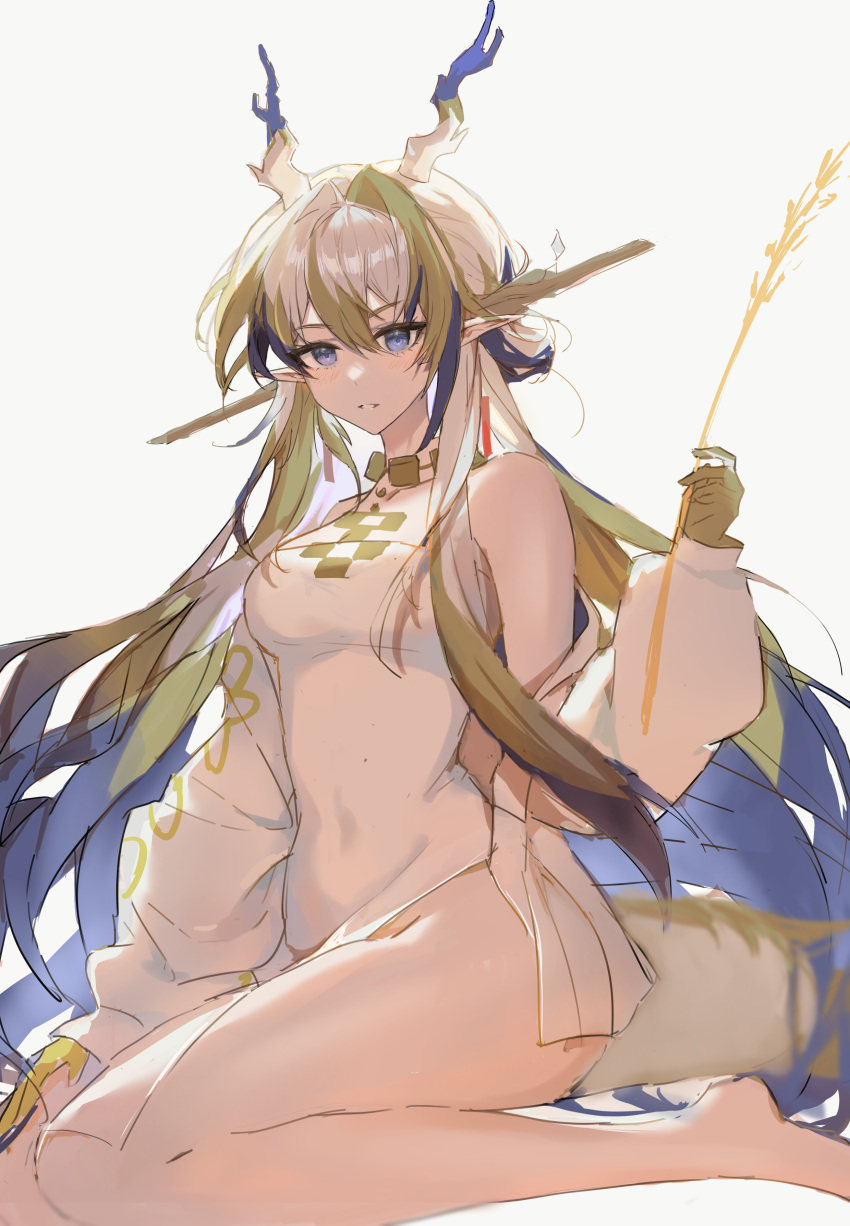 1girl absurdres arknights bare_shoulders barefoot blonde_hair blurry blush colored_skin dragon_girl dragon_horns dragon_tail dress full_body grey_hair grey_horns grey_tail hair_between_eyes hair_intakes hand_up haoyou_xiao_tianshi highres holding holding_plant horns jacket jewelry long_hair long_sleeves looking_at_viewer multicolored_hair necklace off_shoulder one-hour_drawing_challenge open_clothes open_jacket parted_lips plant pointy_ears purple_eyes purple_hair purple_horns shu_(arknights) side_slit simple_background sitting sketch smile solo strapless strapless_dress tail unfinished very_long_hair wheat white_background white_dress