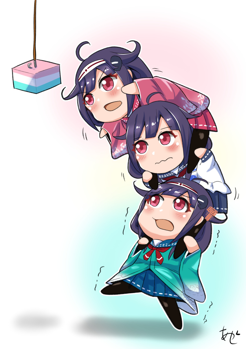 3girls ahoge akashieru blue_skirt carrying chibi fishing_line food giving green_kimono hair_flaps hairband highres hishimochi japanese_clothes kantai_collection kimono long_hair mochi multiple_girls multiple_persona one-hour_drawing_challenge piggyback pink_kimono pleated_skirt purple_hair red_eyes ryuuhou_(kancolle) skirt taigei_(kancolle) white_hairband