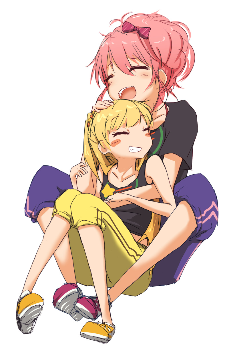 2girls ^_^ absurdres blonde_hair blush closed_eyes collarbone grin hand_on_another's_head highres hug hug_from_behind idolmaster idolmaster_cinderella_girls ito_(itokayu) jougasaki_mika jougasaki_rika knees_up leaning_on_person multiple_girls pants pink_hair shoes siblings simple_background sisters sitting smile sneakers track_pants white_background