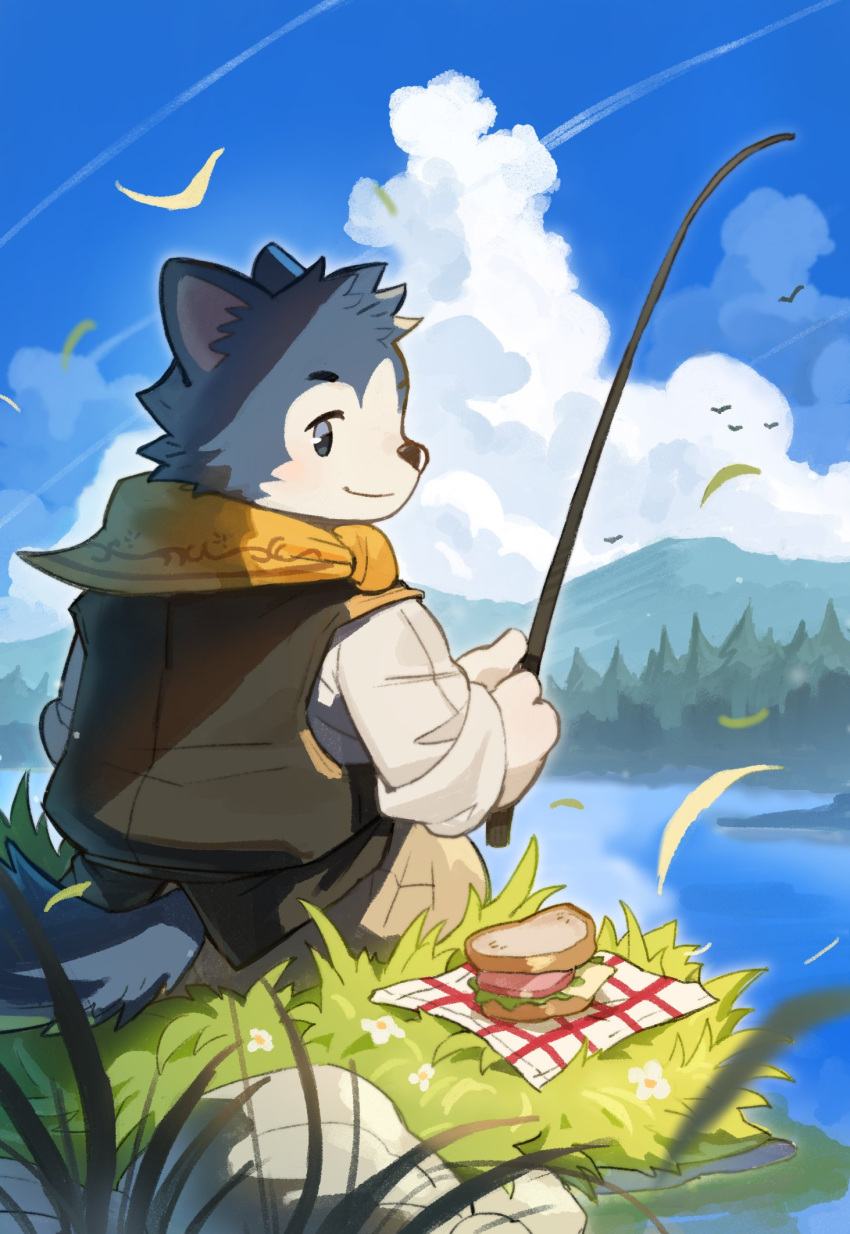 1boy animal_ears back blue_eyes blue_fur bruce_husky cloud cloudy_sky day dog_boy dog_ears dog_tail falling_leaves feet_out_of_frame fishing fishing_rod food furry furry_male highres holding holding_fishing_rod lake leaf looking_back male_focus neckerchief orange_neckerchief outdoors sandwich sitting sky smile solo sylvanian_families syukapong tail two-tone_fur white_fur wind