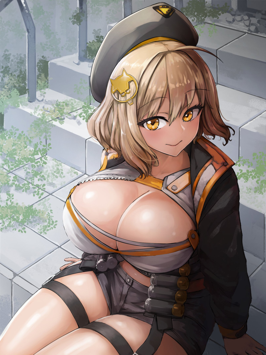 1girl ahoge angoha anis_(nikke) beret black_jacket black_shorts breasts brown_eyes brown_hair closed_mouth goddess_of_victory:_nikke hat highres jacket large_breasts long_sleeves looking_at_viewer outdoors shadow short_hair shorts sitting sitting_on_stairs smile solo stairs tiles