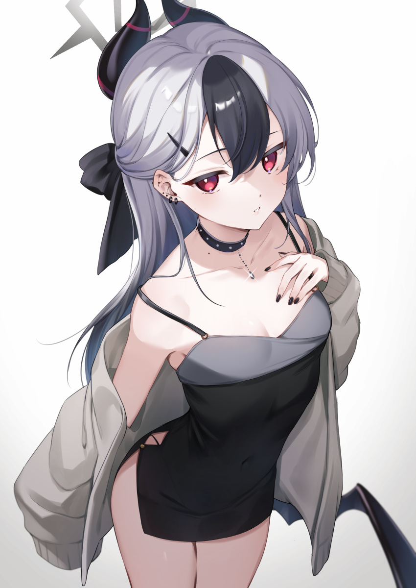 1girl absurdres black_choker black_hair black_horns black_nails blue_archive blush breasts choker citron_82 collarbone covered_navel demon_horns ear_piercing earrings fingernails grey_hair grey_halo grey_jacket halo highres horns jacket jewelry kayoko_(blue_archive) kayoko_(dress)_(blue_archive) long_hair long_sleeves looking_at_viewer multicolored_hair nail_polish official_alternate_costume open_clothes open_jacket open_mouth piercing red_eyes simple_background small_breasts solo white_background