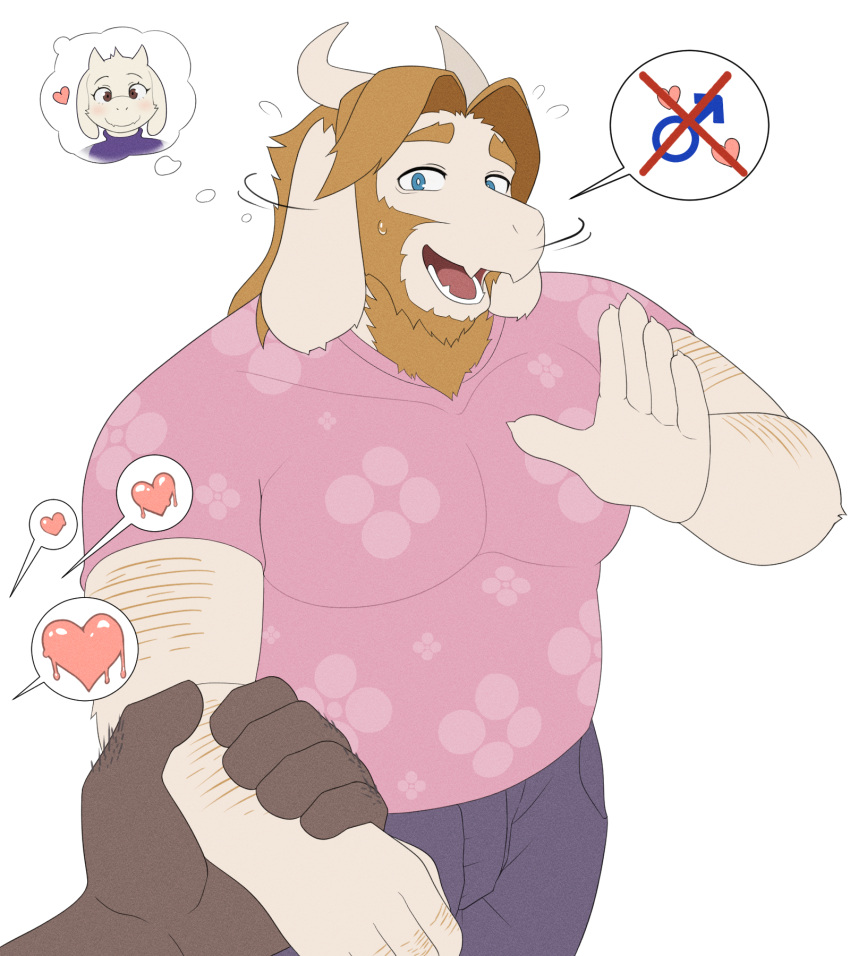 &lt;3 anthro asgore_dreemurr bodily_fluids bovid caprine clothing daddy_kink duo embarrassed family gekishiro gender_symbol goat hi_res king male male/male male_symbol mammal muscular muscular_male overweight refusing refusing_sex royalty sexuality_change shaking_head shirt shy sweat symbol topwear toriel undertale undertale_(series)