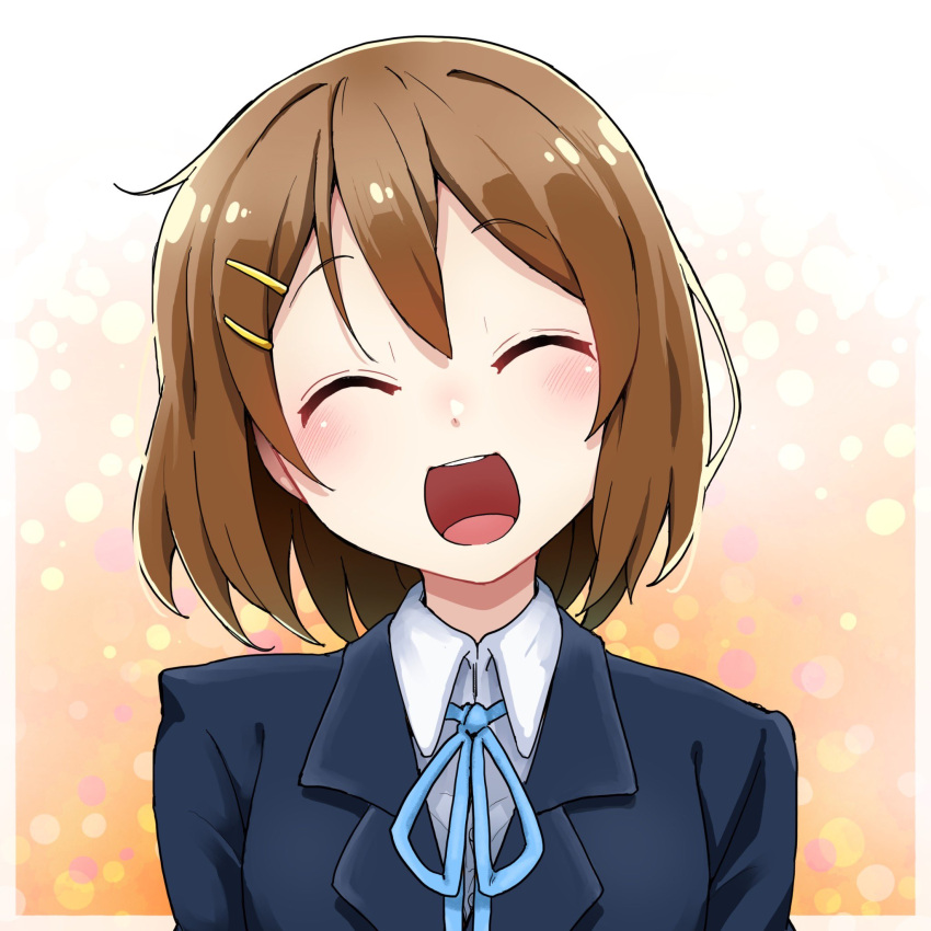 1girl blazer blue_jacket blue_ribbon blush brown_hair closed_eyes collared_shirt etokakaitari facing_viewer hair_ornament hairclip happy highres hirasawa_yui jacket k-on! neck_ribbon open_mouth ribbon sakuragaoka_high_school_uniform school_uniform shirt short_hair solo teeth tongue upper_teeth_only white_shirt winter_uniform