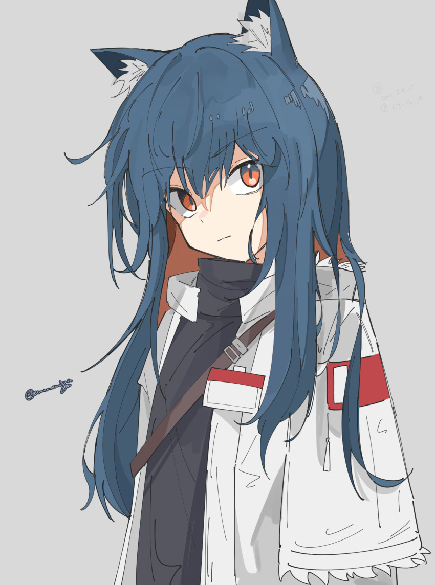 1girl animal_ear_fluff animal_ears arknights arms_at_sides black_shirt blue_hair enunomiya frown grey_background high_collar highres id_card jacket long_hair looking_at_viewer official_alternate_costume shirt signature simple_background solo texas_(arknights) texas_(winter_messenger)_(arknights) upper_body white_jacket wolf_ears wolf_girl yellow_eyes