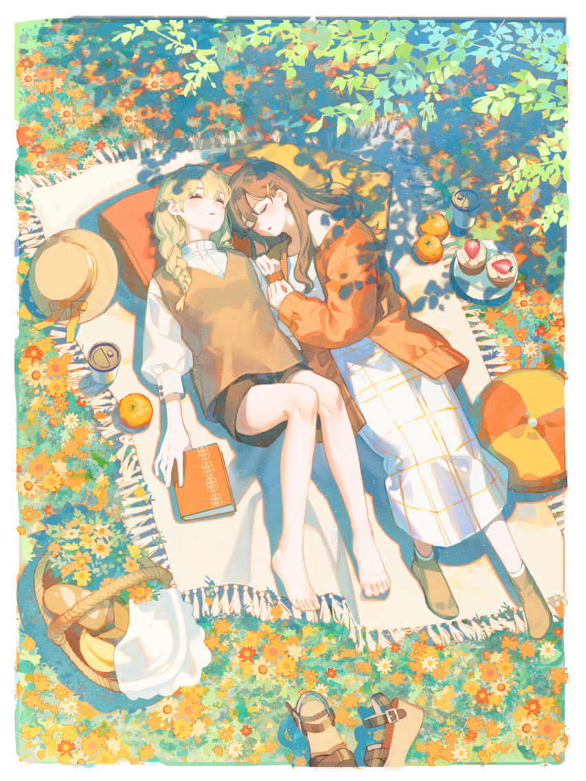 2girls ankle_socks baguette bare_legs barefoot blanket blonde_hair book border bread brown_hair brown_headwear brown_shorts brown_socks brown_sweater closed_eyes coffee_cup commentary cup dappled_sunlight day disposable_cup dress ema3 facing_another flower food fruit full_body grass hair_ornament hairclip hat hat_ribbon head_on_pillow highres holding holding_book jacket long_dress long_hair long_sleeves lying multiple_girls on_back open_clothes open_jacket orange_(fruit) orange_flower orange_jacket orange_ribbon original outdoors parted_lips picnic_basket pillow plant plate platform_footwear puffy_long_sleeves puffy_sleeves red_flower ribbon sandals scenery shirt shorts sleeping socks strawberry sunlight sweater unworn_hat unworn_headwear unworn_sandals white_border white_dress white_flower white_shirt yellow_flower