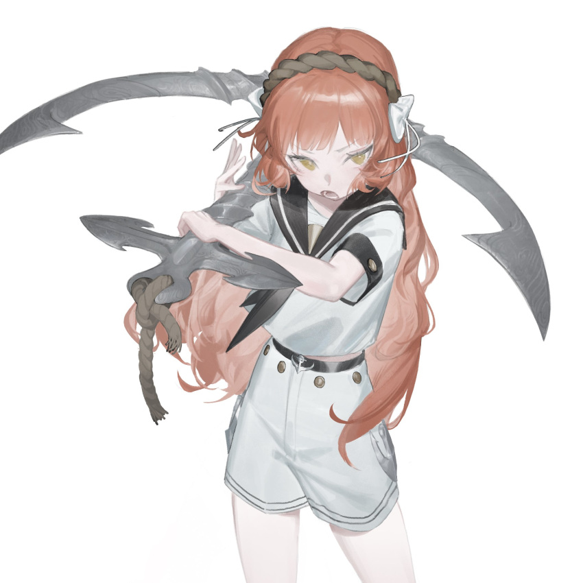 1girl anchor anhao1224 black_neckerchief black_sailor_collar blunt_bangs bow hair_bow hairband highres holding holding_anchor long_hair looking_at_viewer neckerchief open_mouth original red_hair rope sailor_collar school_uniform serafuku short_sleeves shorts simple_background solo very_long_hair white_background white_bow white_shorts yellow_eyes