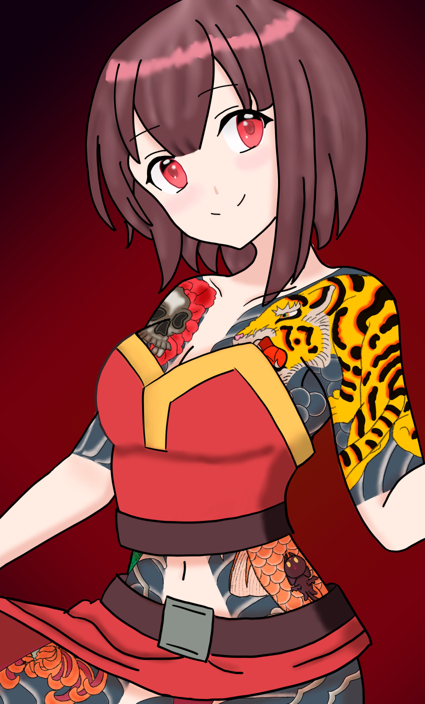 1girl absurdres arm_tattoo chest_tattoo didiugb fish_tattoo highres irezumi kono_subarashii_sekai_ni_shukufuku_wo! leg_tattoo looking_at_viewer megumin red_background red_eyes red_theme shoulder_tattoo simple_background solo stomach_tattoo tattoo