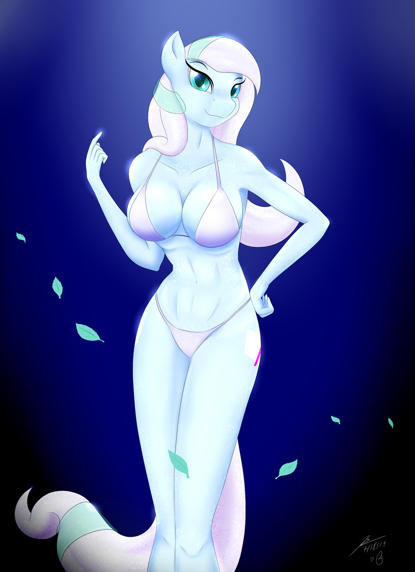 anthro anthrofied bikini blue_eyes blue_hair blumagpie breasts cleavage clothed clothing crystal_pony_(mlp) cutie_mark equine female friendship_is_magic hair horse leaf mammal my_little_pony navel original_character pony solo sparkle standing swimsuit two_tone_hair white_hair
